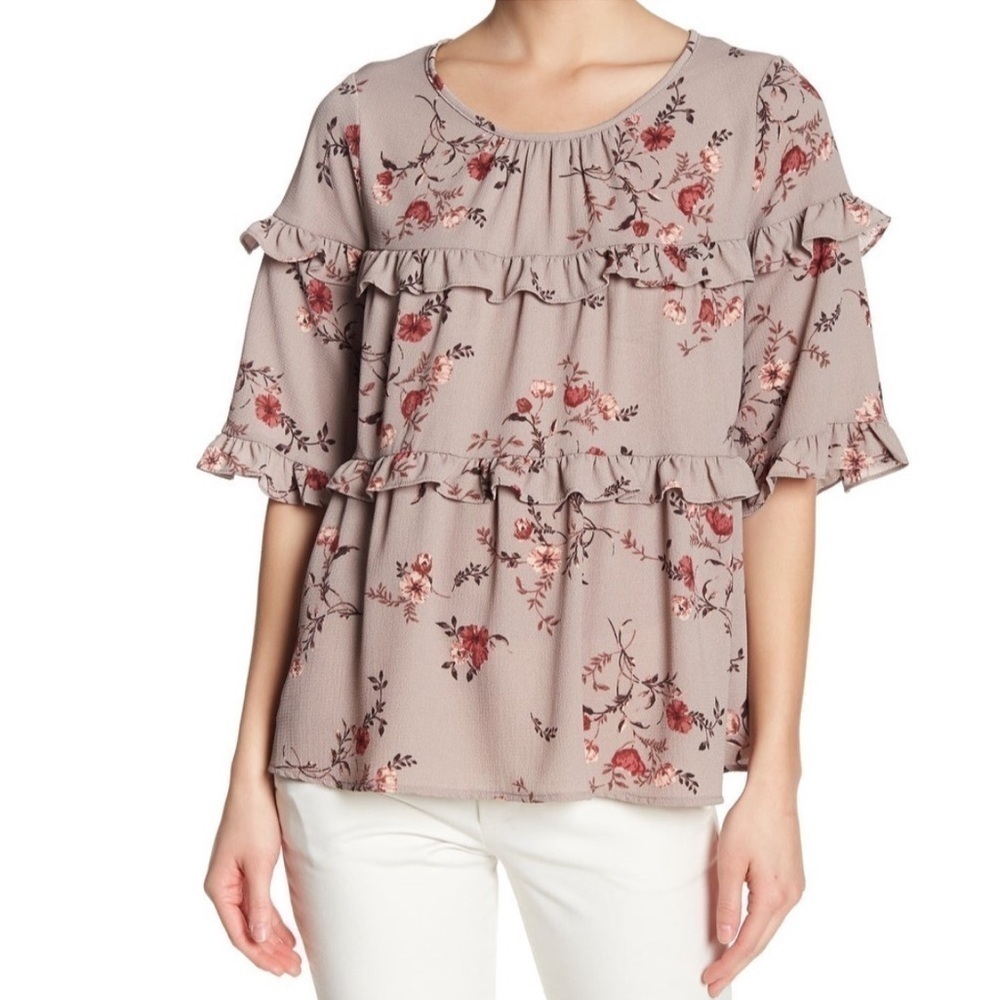 PLEIONE floral taupe rose ruffled boho peasant top size M